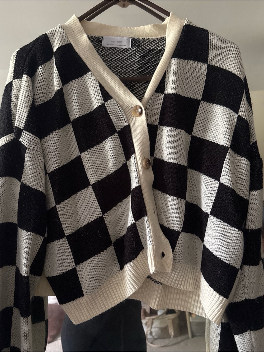 OAK + FORT Black and Cream Checkerboard V-Neck Cardigan